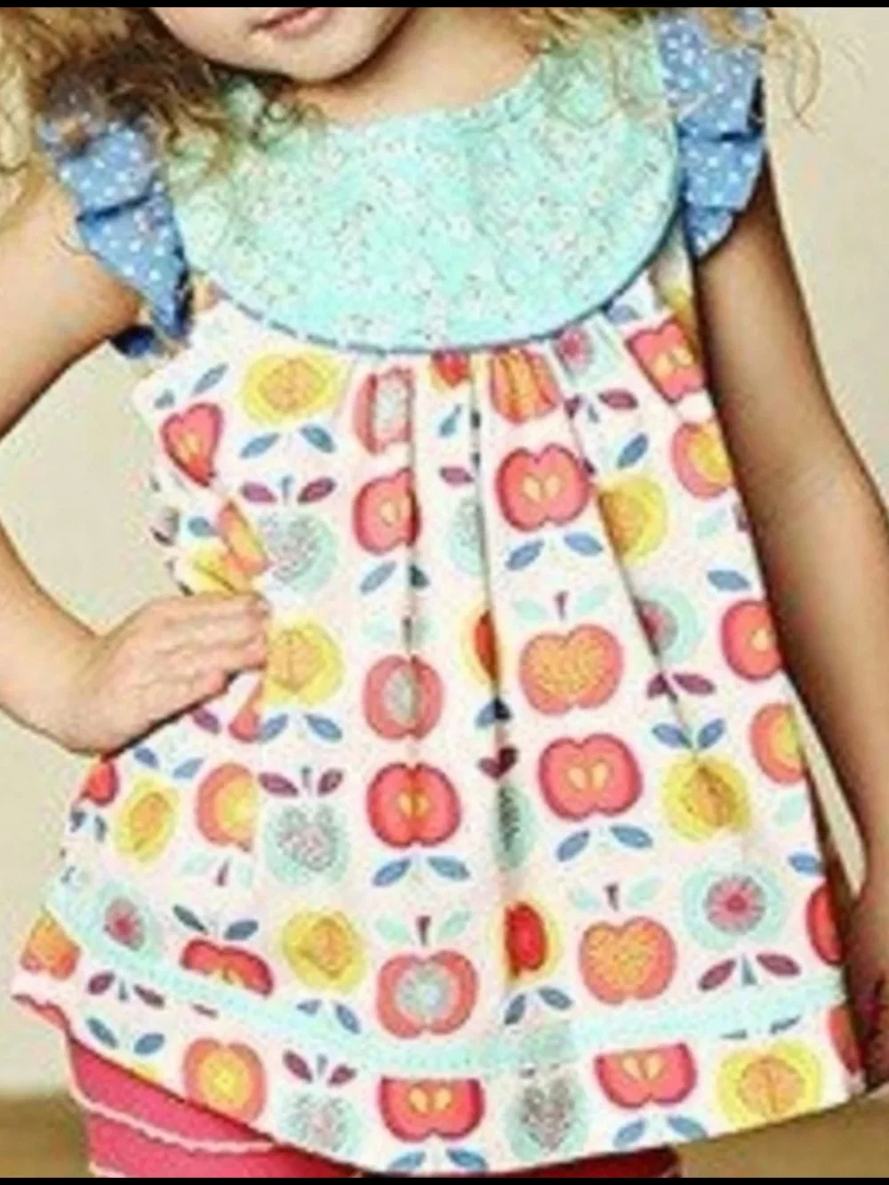 Matilda Jane Girls Apple-Print Tunic Top Sz 8 Teal, Blue Flutter Cap Sleeves